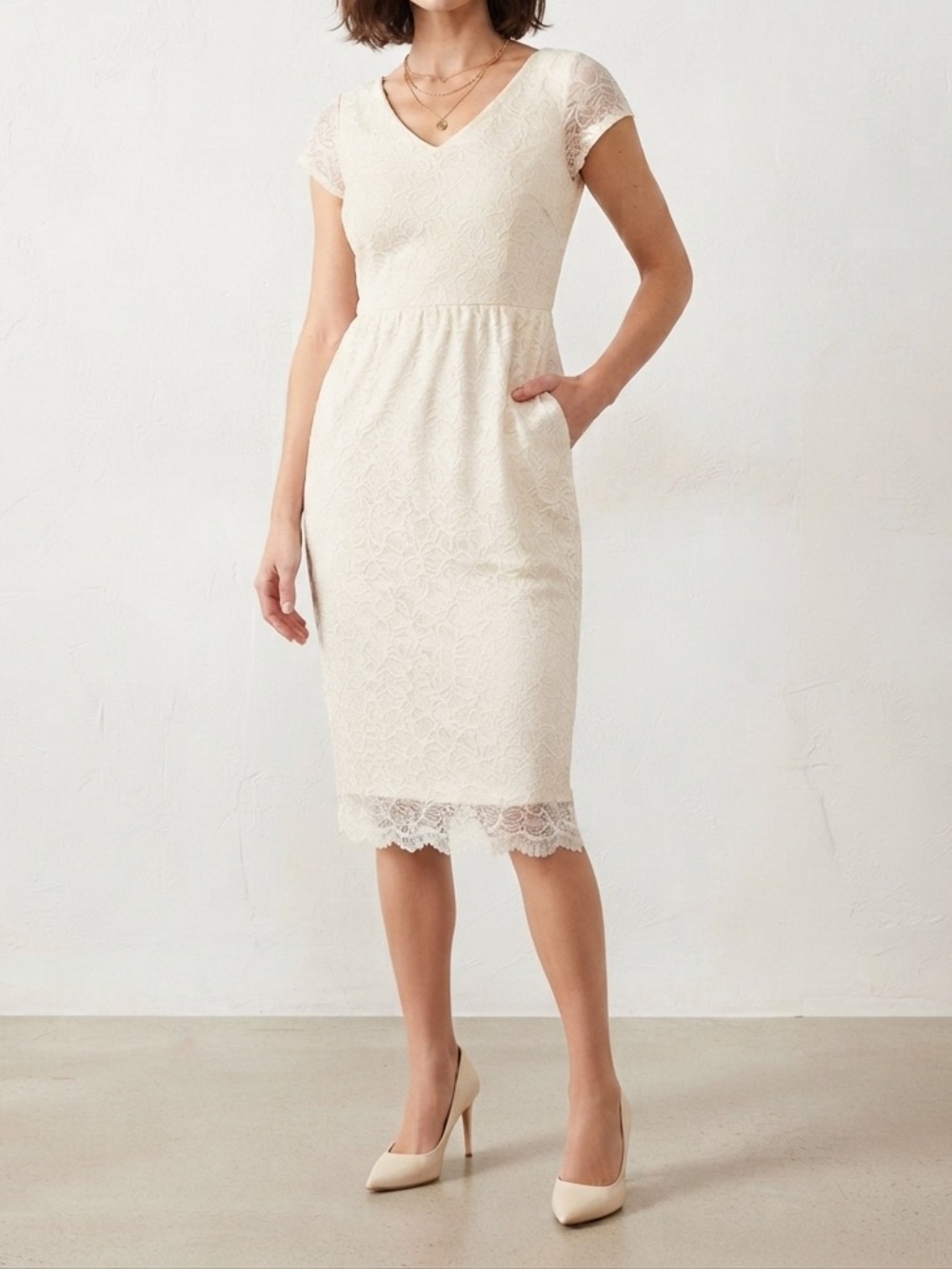Ivory Lace Midi Dress with Cap Sleeves